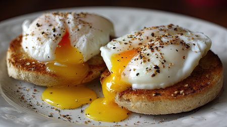 Indulge in perfectly poached eggs with a runny yolk, served on toasted English muffins. This delightful breakfast pairs rich flavors with a touch of spice, perfect for any meal.の素材