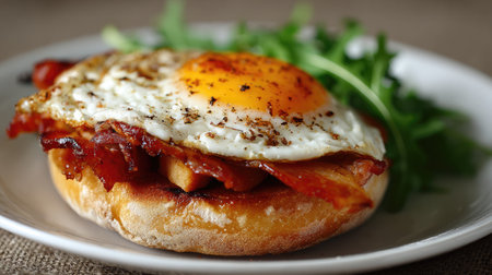 A tempting breakfast sandwich featuring crispy bacon and a perfectly fried egg atop a soft bun, paired with fresh greens for a wholesome meal.の素材