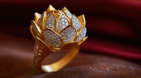 An exquisite gold ring featuring sparkling diamond petals shaped like a lotus flower, displayed elegantly on a rich satin background, symbolizing luxury and sophistication.の素材