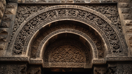 This captivating image showcases an intricately carved stone archway, highlighting detailed floral and geometric patterns that reflect traditional architectural artistry.の素材