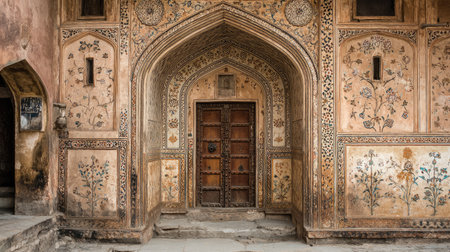 A captivating doorway reveals intricate floral patterns and designs, showcasing the rich heritage of historic Indian architecture in a charming setting.の素材