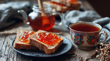 Enjoy a delightful breakfast setting featuring toasted bread spread with vibrant jam and a warm cup of tea on a rustic wooden table. Perfect for cozy mornings.の素材