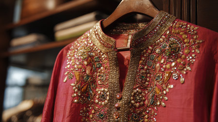 This image features an elegant embroidered ethnic garment, beautifully adorned with intricate embellishments, hanging in a chic boutique setting.の素材