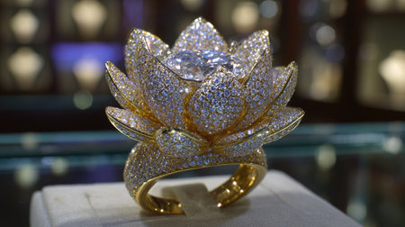 A stunning lotus flower ring features a brilliant diamond centerpiece, encased in intricate gold detailing and sparkling stones, showcasing luxury and elegance.の素材