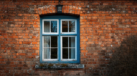 A vintage blue framed window set against a rustic brick wall captures the charm and character of traditional architecture, featuring natural light.の素材