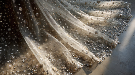 This image captures the exquisite detail of a richly embroidered fabric adorned with sequins, showcasing elegance and craftsmanship in beautiful lighting.の素材