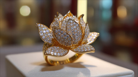 This stunning golden lotus ring is adorned with sparkling diamonds, showcasing exceptional craftsmanship and elegance. Perfect for luxury jewelry enthusiasts.の素材