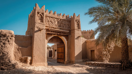 Explore an ancient architectural marvel showcasing intricate mudbrick craftsmanship set against a serene sky. Perfect for travel themes.の素材
