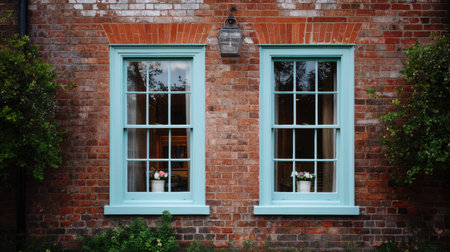 A stunning view of two teal-framed windows on a rustic brick wall, showcasing potted flowers and lush greenery, perfect for home or design themes.の素材