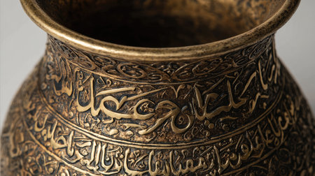 This stunning antique metal vase showcases intricate calligraphic designs and an enchanting patina. Perfect for decor or art collection.の素材