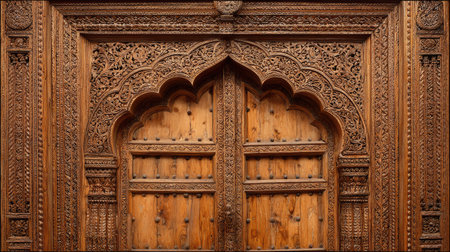 This stunning image captures a beautifully carved wooden door showcasing intricate designs and rich textures, embodying traditional craftsmanship and cultural heritage.の素材