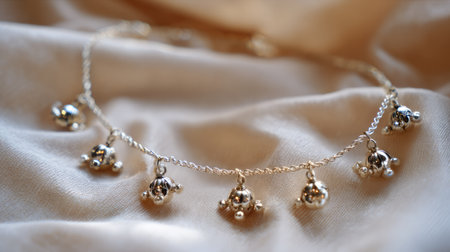 This stunning silver necklace features delicate hanging pendants, resting beautifully on a soft satin backdrop, capturing light and attention in one elegant piece.の素材