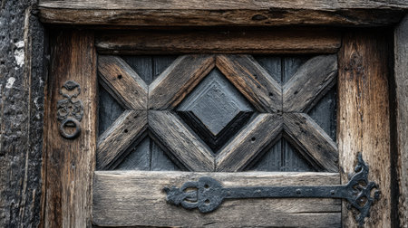 This rustic wooden door features intricate geometric patterns and vintage metal hardware, showcasing exceptional craftsmanship and natural textures.の素材