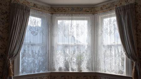 A serene interior featuring elegant lace curtains in a cozy corner window, allowing soft natural light to filter through, enhancing the tranquil atmosphere.の素材