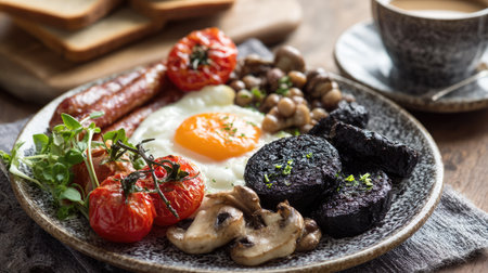 A beautifully arranged breakfast plate featuring a sunny side egg, grilled tomatoes, savory sausages, and mushrooms, perfect for morning enjoyment.の素材