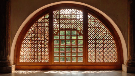 A beautifully crafted wooden jaali window showcasing intricate geometric patterns. This architectural element creates a mesmerizing interplay of light and shadow, framing a serene view of nature.の素材