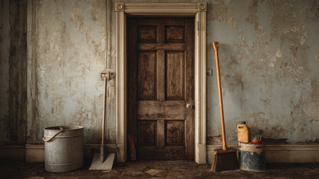 This image showcases a weathered door alongside various tools in a dilapidated room with peeling paint, capturing a sense of neglect and opportunity for renovation.の素材