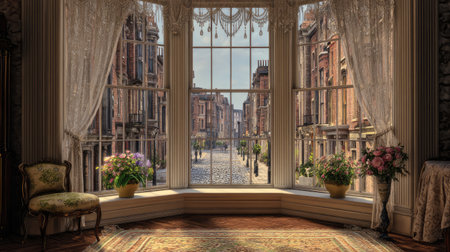 A serene view from an elegant window showcases a charming historic street with cobblestones and decorative flower pots, enhancing the warm ambiance.の素材