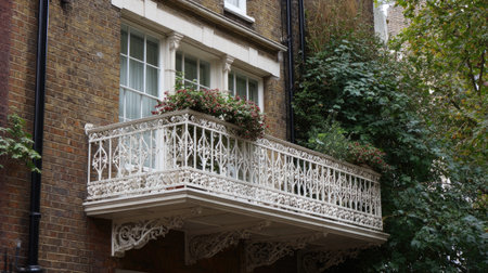 A picturesque wrought iron balcony featuring intricate designs and blossoming flowers, framed by lush greenery and classic brick exterior, enhances urban charm.の素材
