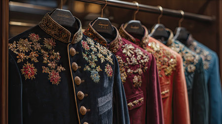 A stunning collection of elegantly embroidered garments hanging on display, featuring intricate floral patterns and luxurious fabrics in vibrant colors.の素材