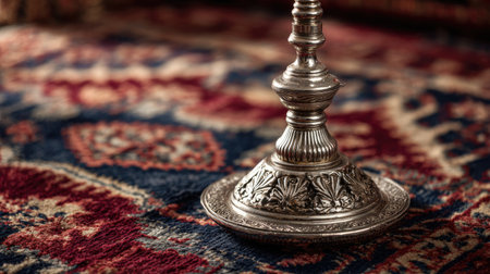 A stunning ornate silver candle holder rests on a beautifully patterned antique rug, showcasing intricate designs and rich colors, perfect for elegant decor.の素材
