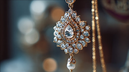 This stunning image features an elegant vintage pendant, intricately designed with sparkling gems and pearls, capturing the essence of luxury and beauty in jewelry.の素材