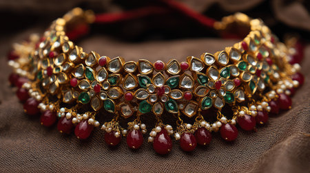 This stunning traditional Indian necklace features intricate designs with red and green stones set in gold. An exquisite piece perfect for festive occasions.の素材