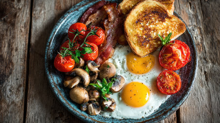 A beautifully arranged breakfast plate featuring crispy bacon, perfectly cooked eggs, roasted tomatoes, savory mushrooms, and golden toast, ideal for food lovers.の素材