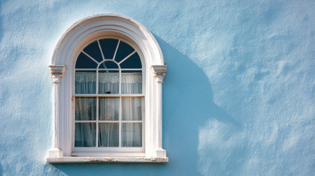 This image showcases a beautifully detailed arched window with white curtains set against a light blue wall, capturing a serene urban aesthetic perfect for decor.の素材