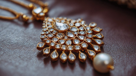 This beautiful gold pendant features an intricate design adorned with sparkling stones and a single pearl, capturing elegance and luxury in jewelry fashion.の素材