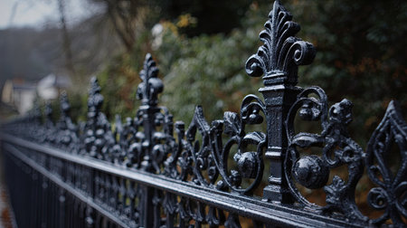 This image showcases an ornate black wrought iron fence, featuring intricate designs and textures, set against a softly blurred natural landscape.の素材