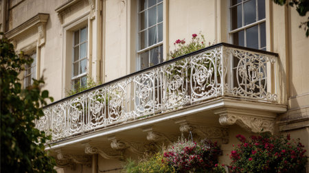 A captivating ornate balcony featuring intricate wrought iron railing adorned with colorful flowers, showcasing urban charm and architectural elegance.の素材
