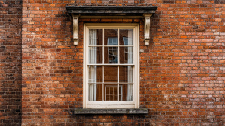 A charming vintage wooden window set in a weathered red brick wall, revealing soft curtains inside. This image captures architectural beauty and rustic charm.の素材