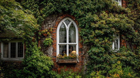 A picturesque gothic window adorned with vibrant plants and surrounded by lush greenery, capturing the essence of a tranquil home environment.の素材