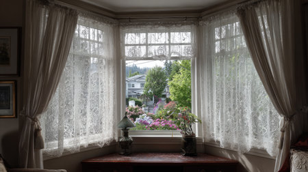 This image showcases a cozy home interior featuring lace curtains framing a beautiful view of a vibrant flower garden outside. The natural light enhances the tranquil atmosphere.の素材