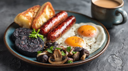 A hearty breakfast plate featuring two fried eggs, savory sausages, grilled mushrooms, black pudding, and crispy toast, accompanied by coffee.の素材