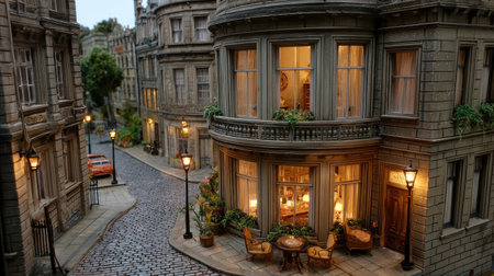 This enchanting urban scene features historic architecture with charming street lighting, creating a warm ambiance in a cozy neighborhood setting.の素材