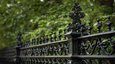 Close-up view of an ornate iron fence showcasing intricate details, surrounded by lush greenery, creating a serene and peaceful outdoor atmosphere.の素材