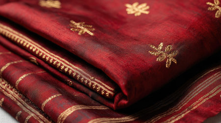 This stunning red fabric features exquisite gold embroidery that reflects traditional artistry. Perfect for fashion, home decor, or textile design projects.の素材
