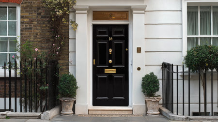 A stylish black front door features elegant details and is flanked by greenery and potted plants, set within a historic urban environment, perfect for showcasing charm.の素材