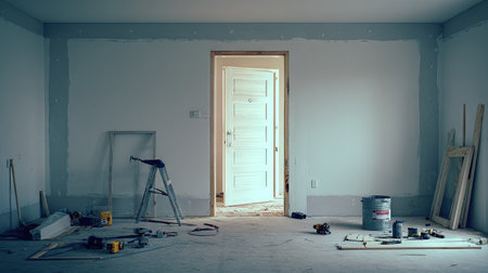 An inviting view of an unfinished interior space showcasing tools and supplies for a renovation project waiting for its final touches and design.の素材
