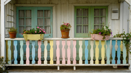 Discover a vibrant balcony adorned with colorful flower pots and a decorative wooden railing, capturing a charming cottage aesthetic perfect for any garden lover.の素材