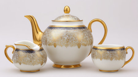 This stunning porcelain tea set features an elegant teapot, cream jug, and cup adorned with intricate gold accents and floral designs, adding a touch of luxury to any occasion.の素材