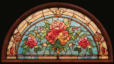 A beautifully crafted vintage stained glass window featuring an array of colorful roses and intricate floral patterns, showcasing exceptional artistry and craftsmanship.の素材