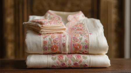 Beautifully crafted embroidered fabric featuring delicate floral patterns, stacked neatly, providing a cozy and elegant touch to any space or design project.の素材