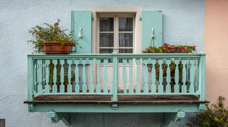 This image depicts a charming wooden balcony featuring a turquoise railing, adorned with colorful flowers and plants, creating a serene and inviting atmosphere.の素材