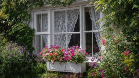 A beautiful cottage window decorated with delicate lace curtains and vibrant flower boxes, framed by lush greenery, creates a serene and inviting garden scene.の素材