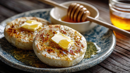 This image captures a delicious plate of freshly toasted English muffins topped with butter and served with honey. Perfect for a cozy breakfast or brunch.の素材