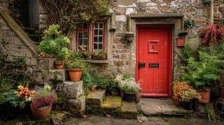 A picturesque stone cottage featuring a vibrant red door framed by an array of colorful potted plants and flowers, creating an inviting outdoor atmosphere.の素材