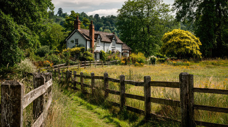 This image captures a charming countryside house nestled among lush greenery and colorful flowers, offering an idyllic scene of tranquility and beauty.の素材